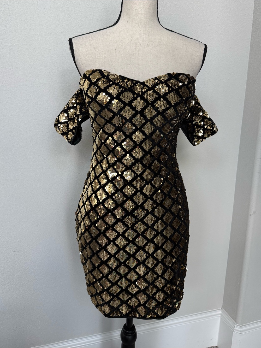 Privy Off-Shoulder Black Velvet & Gold Sequin Party Mini Dress